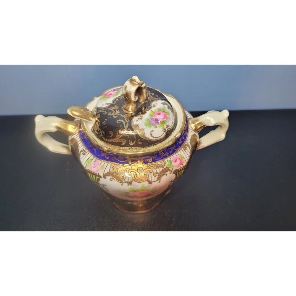 Antique Nippon Condiment Bowl Attached Underplate Hand Painted & Gilded No Spoon